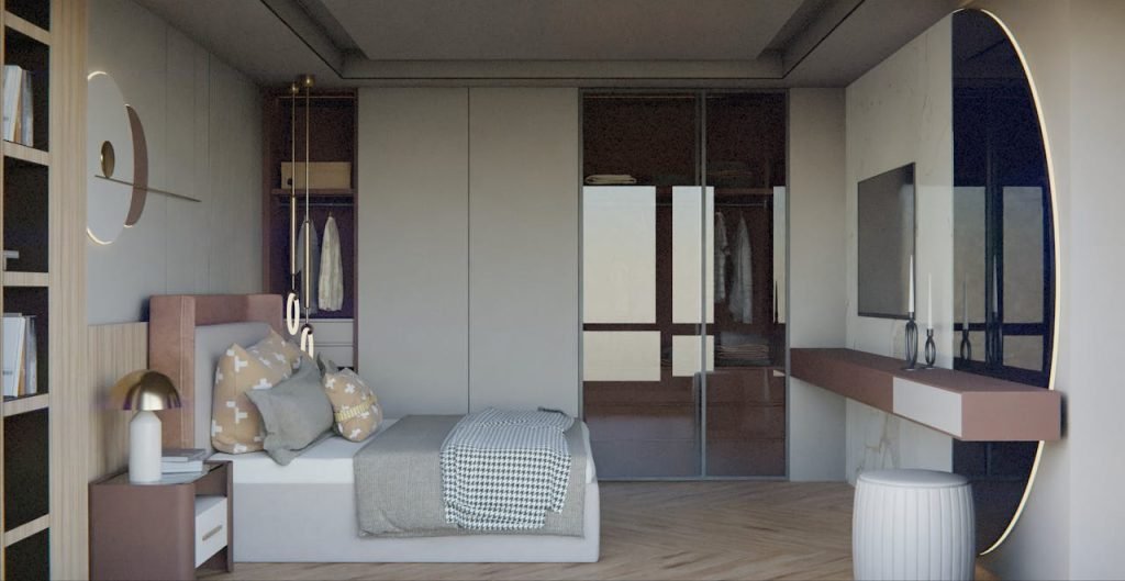 Chic and minimalist bedroom with contemporary design in Uşak, showcasing elegant furnishings.