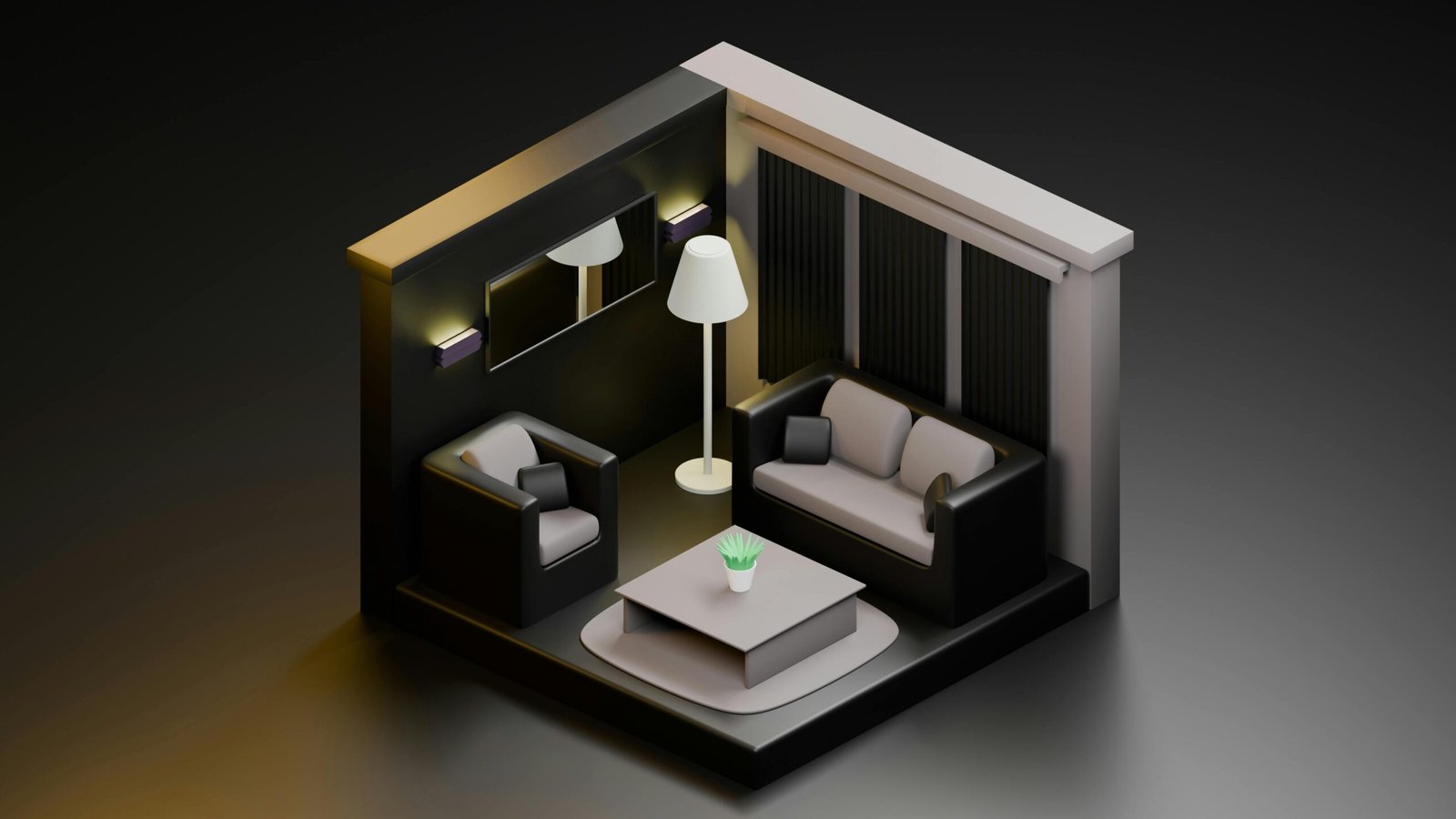 Stylish 3D rendering of a chic, modern living room with minimalist design elements.